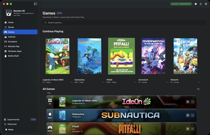 The Bourbon 26 games library showing Windows games ready to play on a Mac