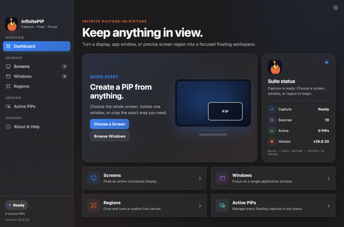 The InfinitePIP dashboard for floating a screen, window, or selected region