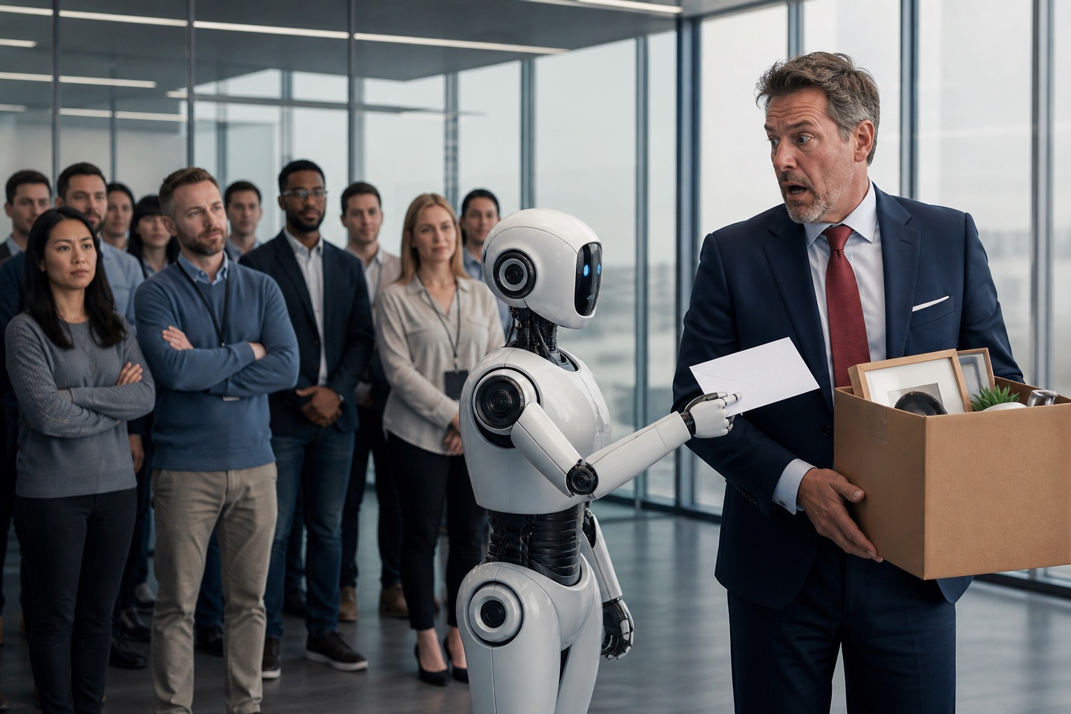 An office robot hands a termination letter to a surprised executive carrying a box while workers watch