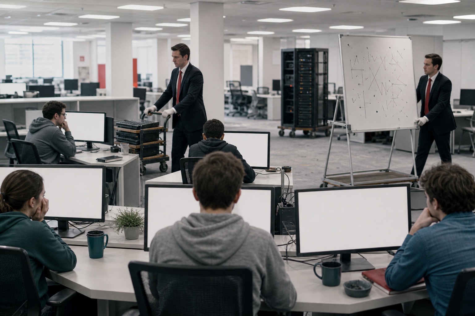 Consultants remove equipment from a software office as developers watch blank screens